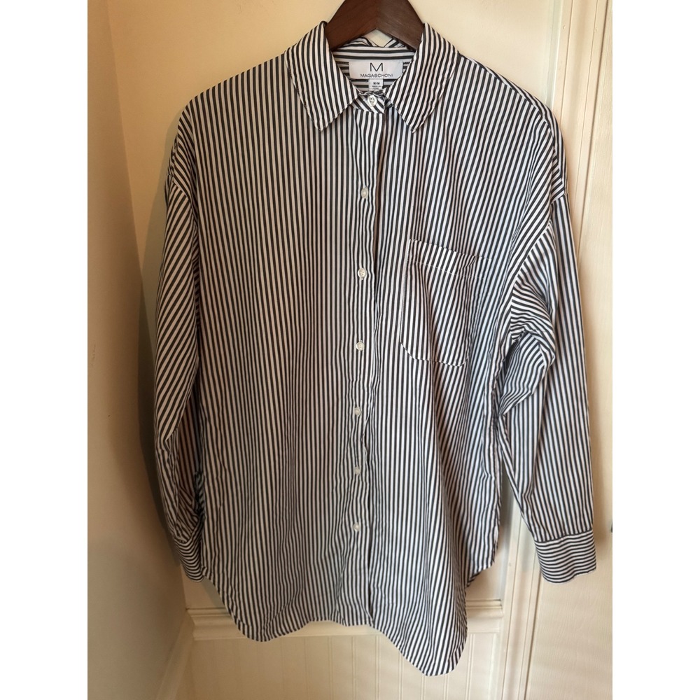 Magaschoni Womens Carbon White Striped Cotton Button Down‎ Shirt Size Medium